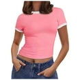 thumbnail image 1 of Women Summer Short Sleeve Crewneck Stripe Shirts Slim Fit Ribbed Knit Basic Tee Tops, 1 of 2