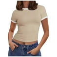 thumbnail image 1 of Women Summer Short Sleeve Crewneck Stripe Shirts Slim Fit Ribbed Knit Basic Tee Tops, 1 of 2