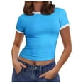 thumbnail image 1 of Women Summer Short Sleeve Crewneck Stripe Shirts Slim Fit Ribbed Knit Basic Tee Tops, 1 of 2