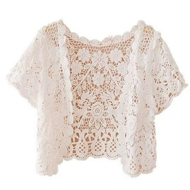 Women Summer Short Sleeve Crochet Shrugs Hollow Out Flower Lace Open Front Cropped Cardigan Sunscreen Scalloped Trim Bolero for Jacket