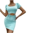 thumbnail image 1 of Women Summer Short Sleeve Cutout Ruched Bodycon Party Solid Mini Dress Square Collar Short Dress Clubwear, 1 of 7