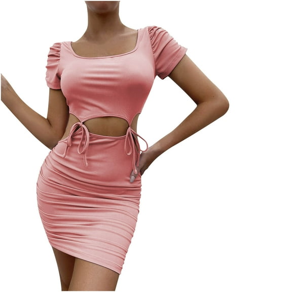 Women Summer Short Sleeve Cutout Ruched Bodycon Party Solid Mini Dress Square Collar Short Dress Clubwear