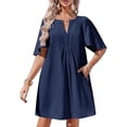 thumbnail image 1 of Women Summer Short Sleeve Dress Casual V Neck Flowing Mini Dress, 1 of 4