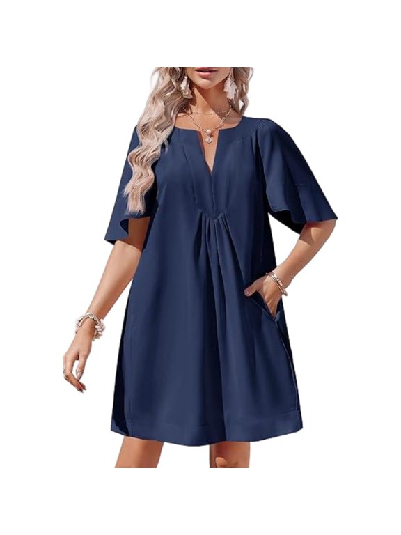 Women Summer Short Sleeve Dress Casual V Neck Flowing Mini Dress
