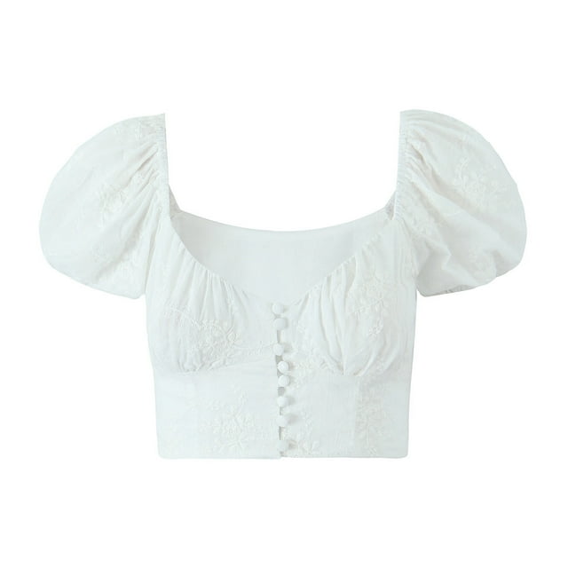 Women Summer Short Sleeve Feminine  Square Button White Embroidery Mia Top Copper Shirt