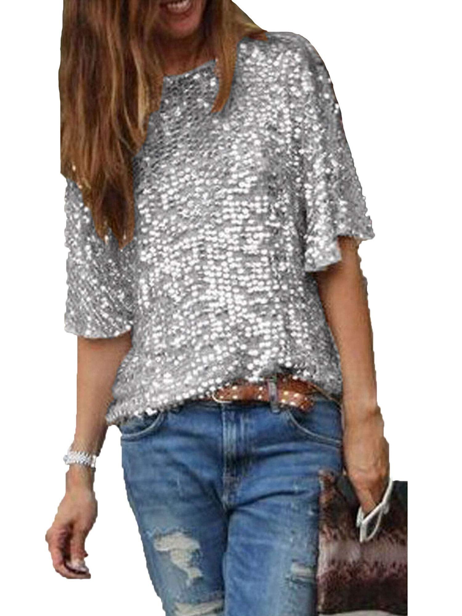 Women Summer Short Sleeve Glistening Sequin Tops Round Neck Loose