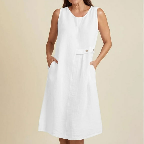 Women Summer Short Sleeve Midi Dress Women's Fashion Holiday Summer Solid Color Sleeveless Hollowed Out Party Midi Beach Dress White M