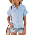thumbnail image 1 of Women Summer Short Sleeve Pocket Tops Button Down Cotton Linen Shirt Blouse Loose Fit Casual Lapel V-Neck Tops, 1 of 2