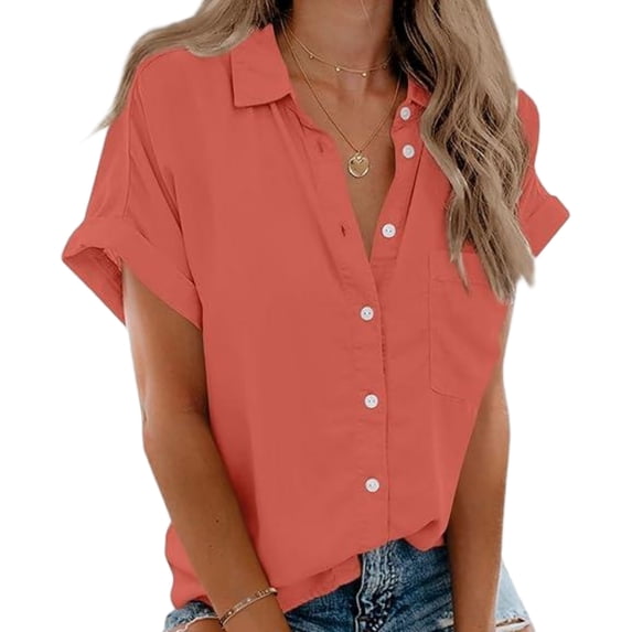 Women Summer Short Sleeve Shirt V Neck Button Up Top with Pockets