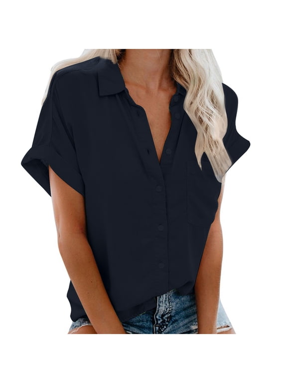 Women Summer Short Sleeve Shirts Business Casual Solid Tops Button Down V-Neck Blouse T-Shirts Spring