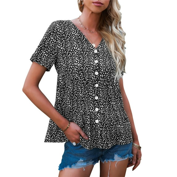 Women Summer Short Sleeve Shirts Chiffon Top Polka Dot Print T Shirt Casual V Neck Ruffle Hem Tops