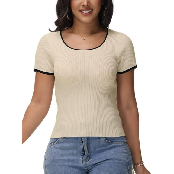 Women Summer Short Sleeve Shirts Crewneck Striped Color Block T Shirts Slim Fit Basic Tee Tops