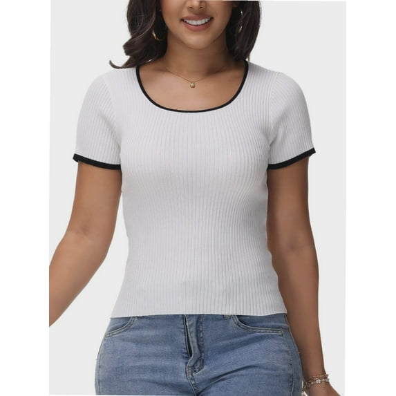 Women Summer Short Sleeve Shirts Crewneck Striped Color Block T Shirts Slim Fit Basic Tee Tops