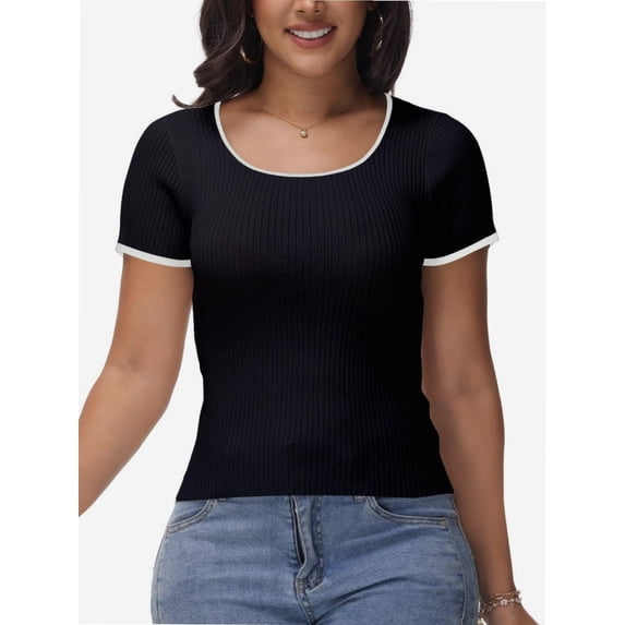 Women Summer Short Sleeve Shirts Crewneck Striped Color Block T Shirts Slim Fit Basic Tee Tops