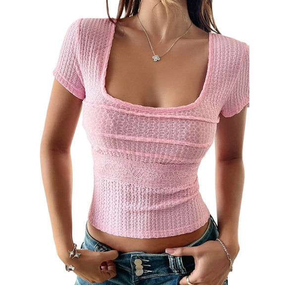 Women Summer Short Sleeve Shirts Ruched Tops Square Neck Blouses Going Out Knit T Shirt Basic Tees Pink L