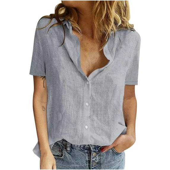 Women Summer Short Sleeve Shirts Tops,Trendy Button Down V Neck Tunic Shirt Solid Color Loose Fit Casual Plus Size Blouses