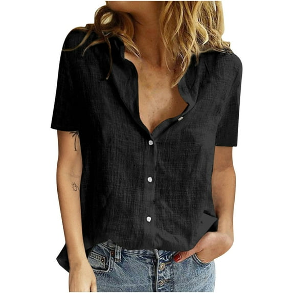 Women Summer Short Sleeve Shirts Tops,Trendy Button Down V Neck Tunic Shirt Solid Color Loose Fit Casual Plus Size Blouses