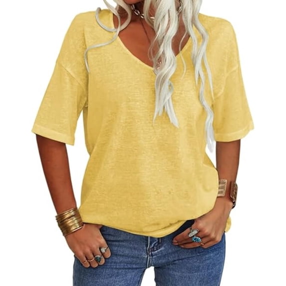 Women Summer Short Sleeve T Shirt Casual V Neck Loose Top Solid Color Basic Tee Top