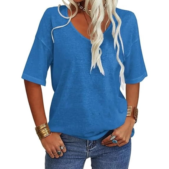 Women Summer Short Sleeve T Shirt Casual V Neck Loose Top Solid Color Basic Tee Top