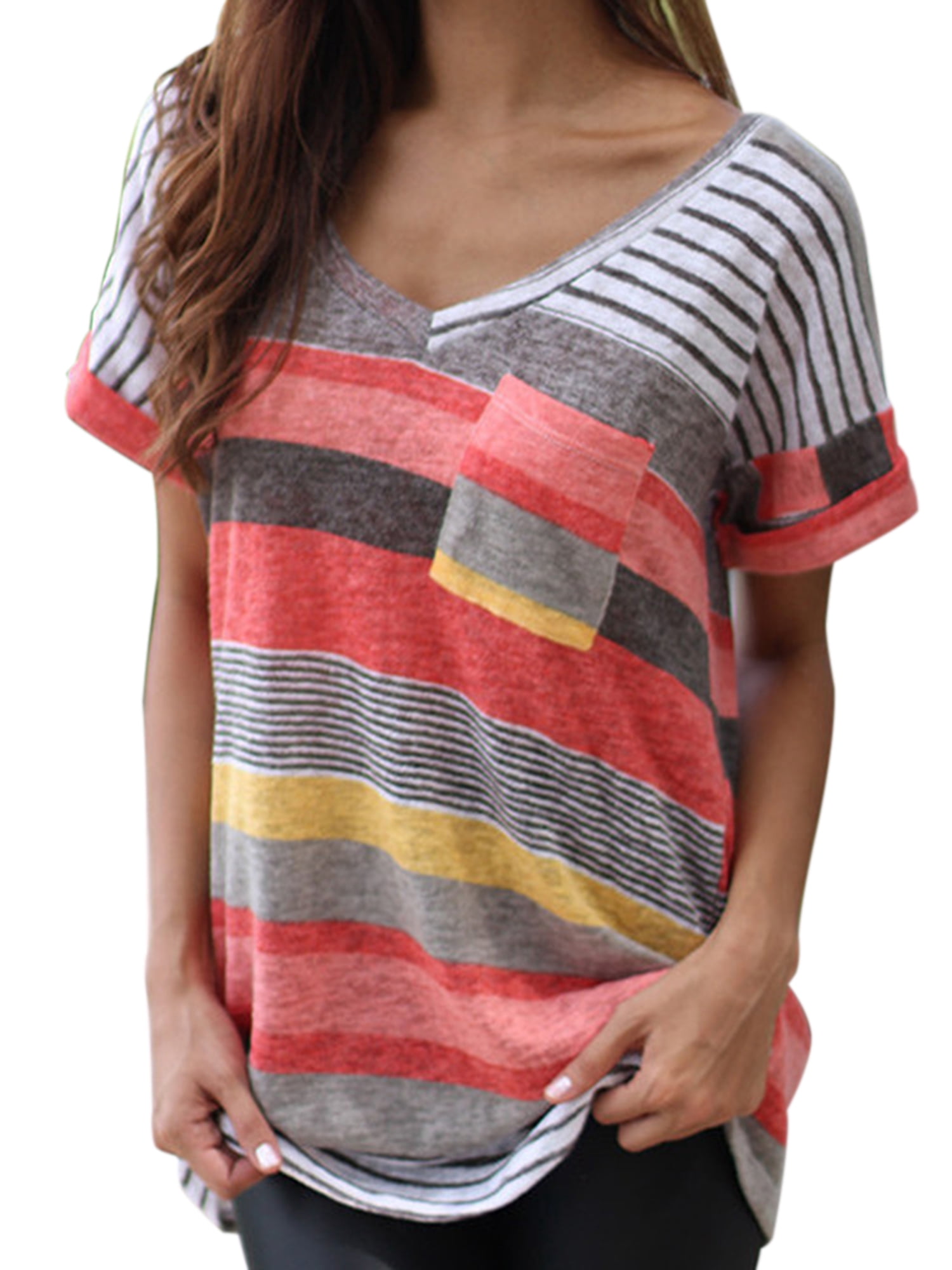 Women Summer Short Sleeve T-shirt Blouse Loose Irregular Striped V Neck ...