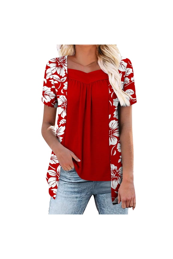 Women Summer Short Sleeve Tops Fake Two Piece Loose Fit Pleated Layered Blouse Shirt Fashion Floral Tunic Tops