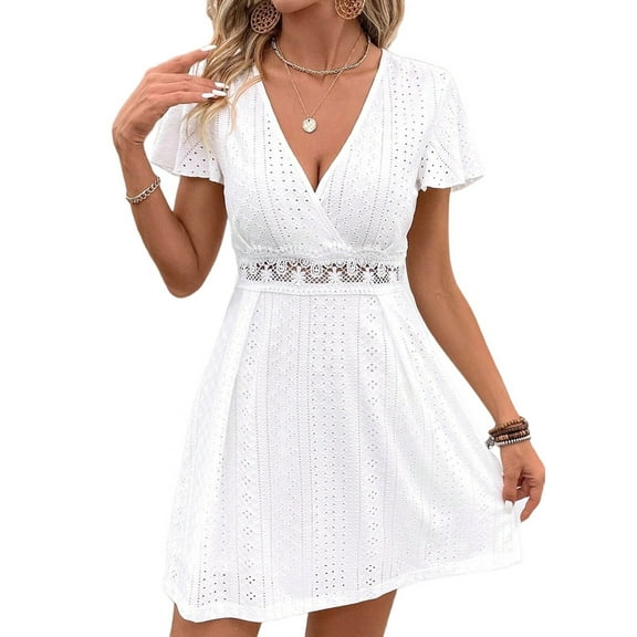 Women Summer Short Sleeve V Neck Dress A Line Hollow Out Lace Ruffle Casual Beach Dresses White M