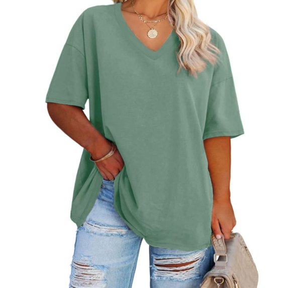 Women Summer Short Sleeved T Shirt Casual Loose V Neck T Shirt Solid Color Top
