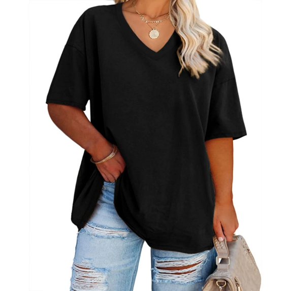 Women Summer Short Sleeved T Shirt Casual Loose V Neck T Shirt Solid Color Top
