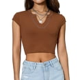 thumbnail image 1 of Women Summer Short T-Shirt, Short Sleeve Patchwork Tailored V-Neck Ribbed Crop Top, 1 of 7
