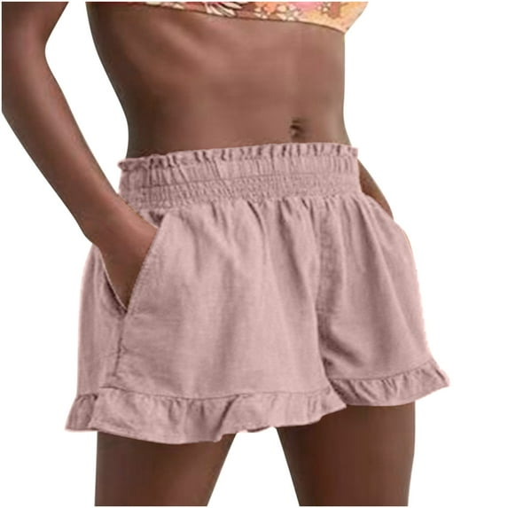Women Summer Shorts Casual Elastic Waist Ruffle Hem Solid Wide Leg Shorts Comfy Beach Lounge Shorts with Pockets
