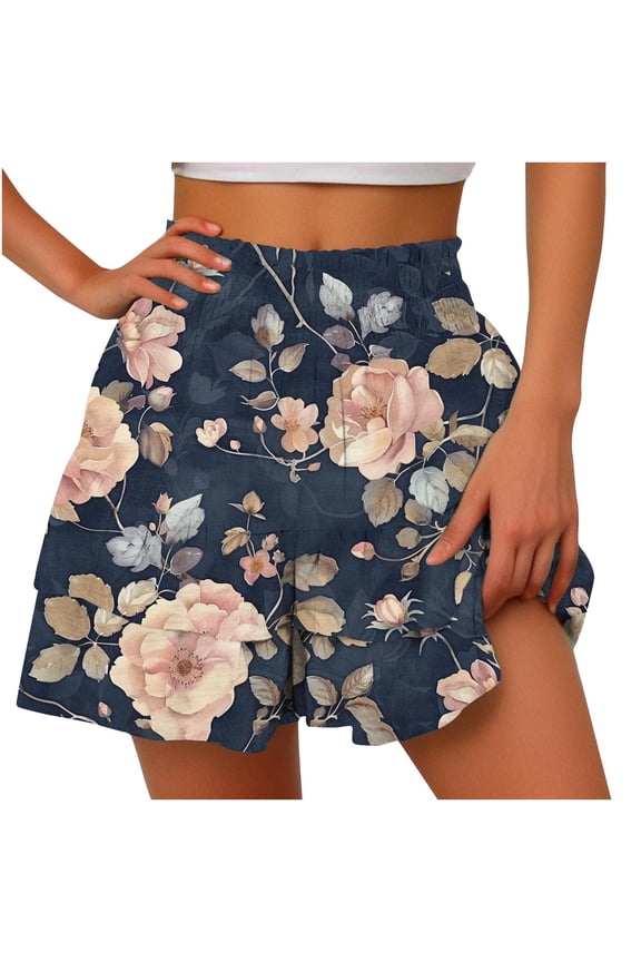 Women Summer Shorts Elastic High Waisted Pleated Ruffle Mini Skirts Casual Cute Flowy Beach Vacation Flowy Short Skorts