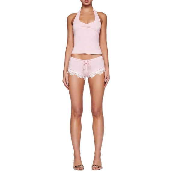 Women Summer Shorts Outfits Solid Color Halter Neck Sleeveless Tank Tops and Lace Trim Shorts 2 Pieces Clothes Set