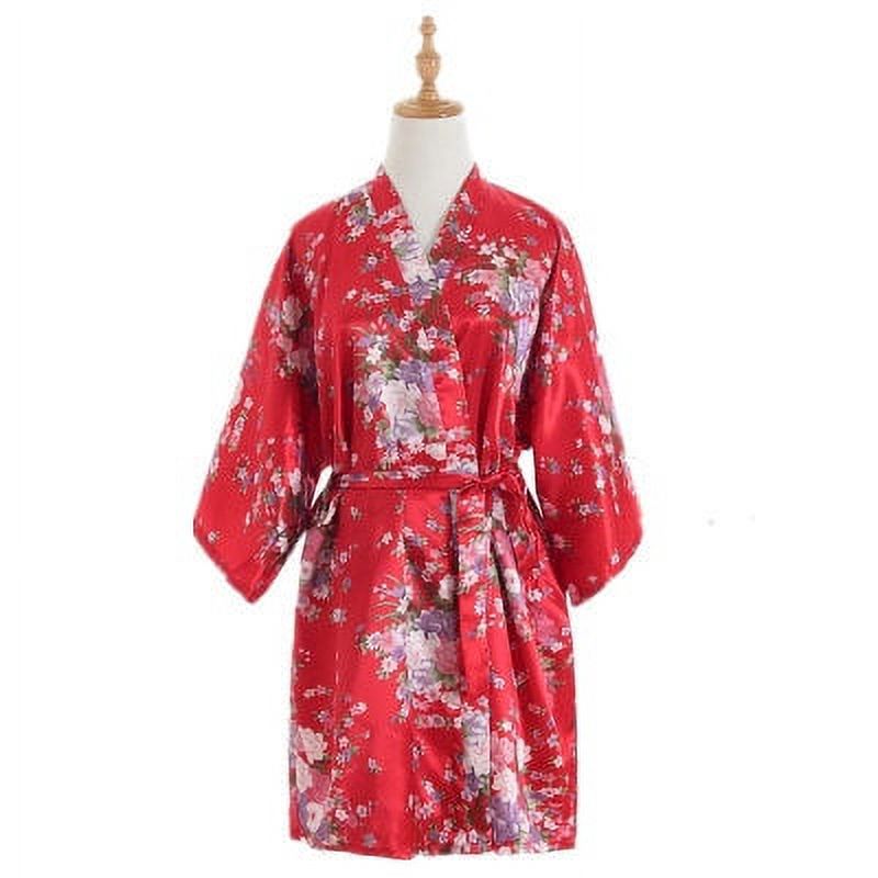 Women Summer Silk Floral Nightgown Short Kimono Bathrobe Cardigan Robe
