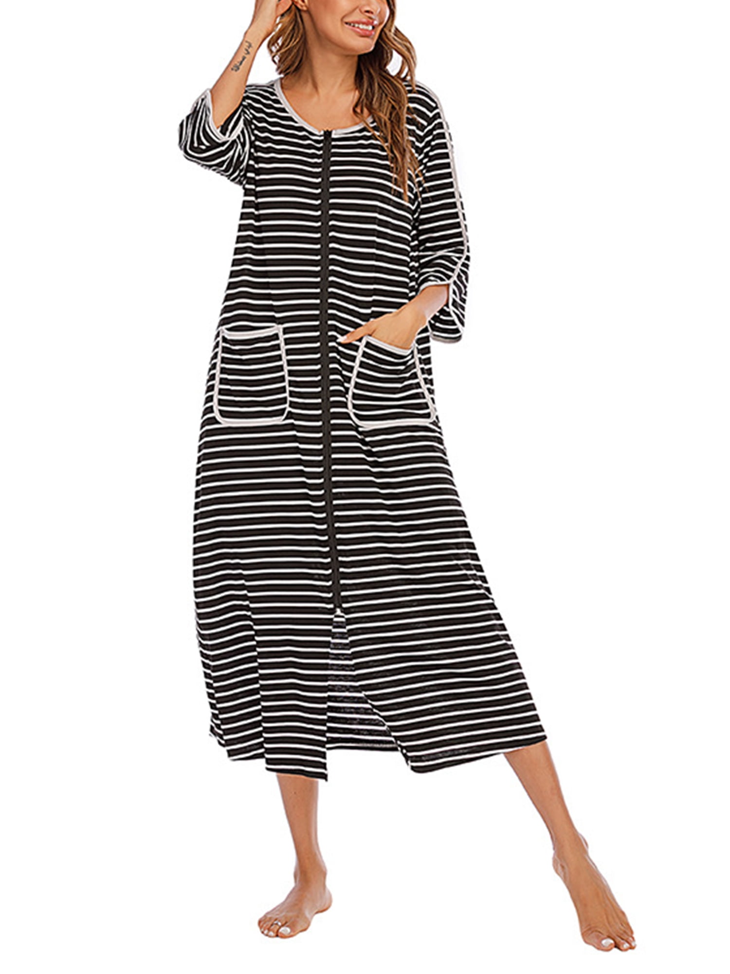 Women Summer Sleep Dress Pajamas Plus Size Stripes ONeck Elbow Sleeve Zip Up Nightgown