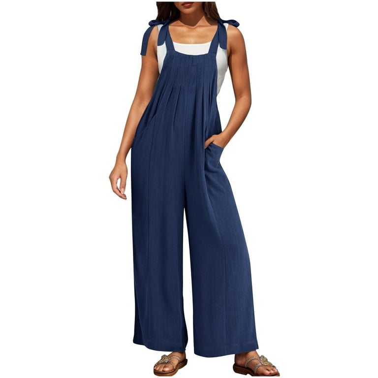 Women Summer Sleeveless Cotton Linen Black Bib Overalls Womens Overalls Casual Loose Sleeveless Adjustable Straps Wide Leg Jumpsuit With 2 Pockets Color Navy Size M Walmart