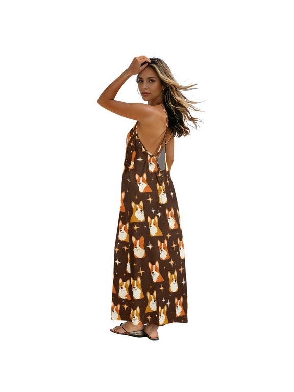 Women Summer Sleeveless Dresses Celestial Corgi Flowy Casual Beach Sundress