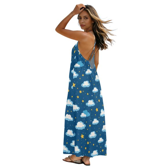 Women Summer Sleeveless Dresses Clouds Star Flowy Casual Beach Sundress