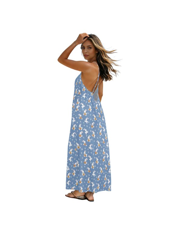 Women Summer Sleeveless Dresses Easter Rabbit Flowy Casual Beach Sundress