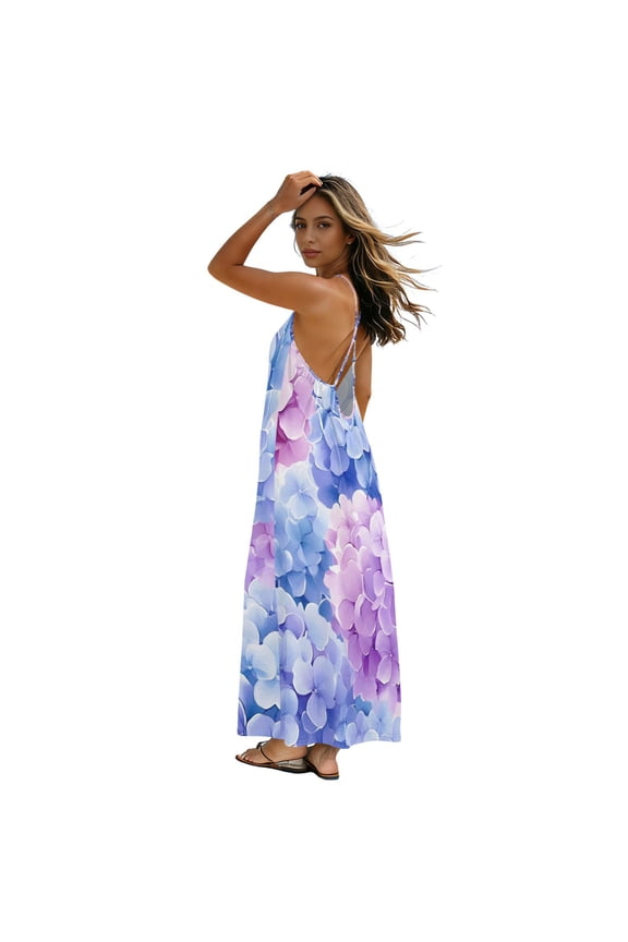 Women Summer Sleeveless Dresses Hydrangeas Flowy Casual Beach Sundress