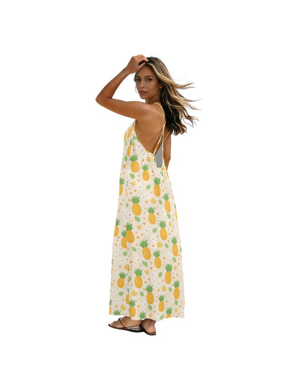 Women Summer Sleeveless Dresses Pineapple Tree Leaves and Flowers Flowy Casual Beach Sundress
