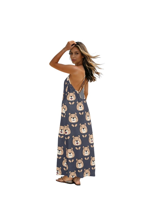 Women Summer Sleeveless Dresses Smiling Bear Flowy Casual Beach Sundress