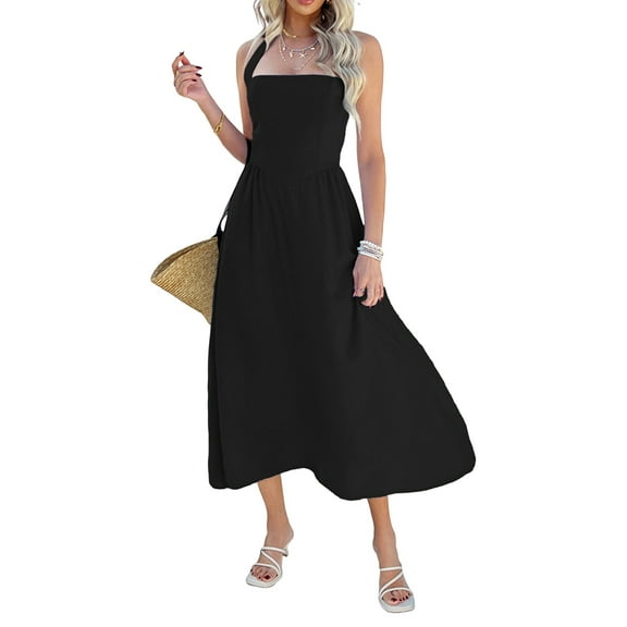 Women Summer Sleeveless Halter Maxi Dress 2025 Casual Flowy Wedding Guest Cocktail Beach Vacation Dresses