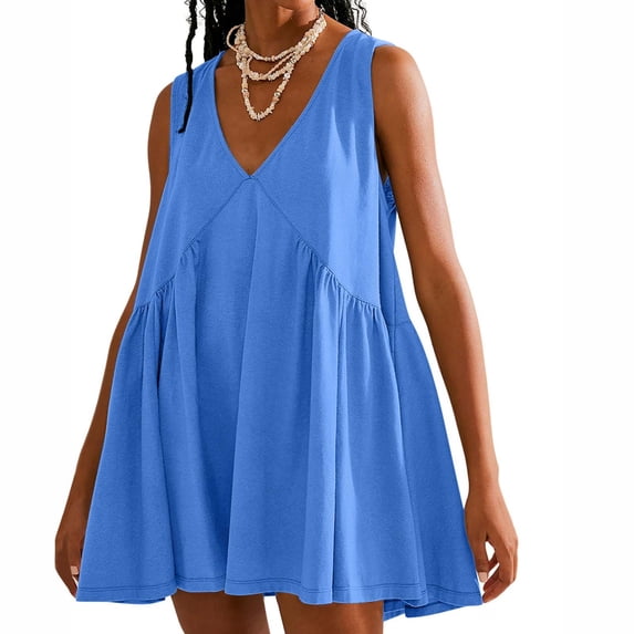 Women Summer Sleeveless Mini Dress, Casual Loose Sundress with Pocket, Pleated V-Neck Flow Beach Dress for Outdoor Activities and Daily Wear