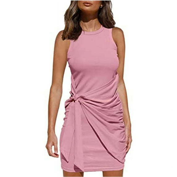 Women Summer Sleeveless O-Neck Bodycon for Tank Top Wrap Mini Dress Simple Plain Solid Color Ruched Tie Waist Streetwear