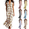 thumbnail image 1 of Women Summer Sleeveless Plaid Maxi Dress Lapel Collar Half-Button Side Pockets Loose Beach Vacation Outfit Khaki XL(XL), 1 of 7