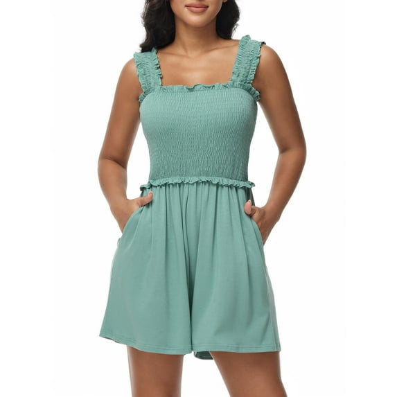 Women Summer Sleeveless Romper Square Collar Ruffle Straps Flowy Short Jumpsuit with Pockets