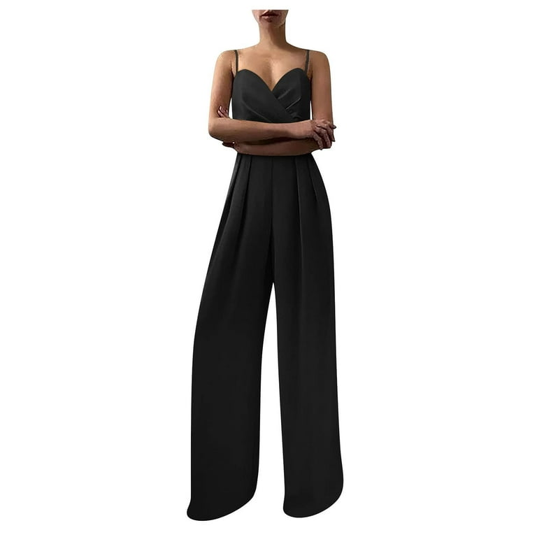 Women Summer Sleeveless Spaghetti Strap Sexy Camis Jumpsuit Solid Wrap V  Neck Pleated Wide Leg Pants Rompers Playsuit
