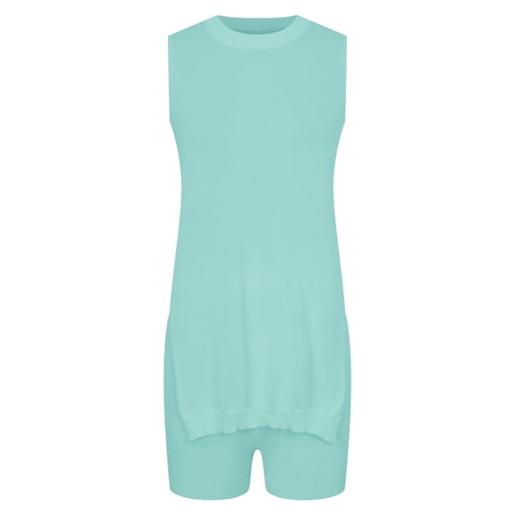 Women Summer Sleeveless Sweater Set Polyester Knit Tunic Tops and Shorts 2 Piece Outfits for Casual Daily Wear