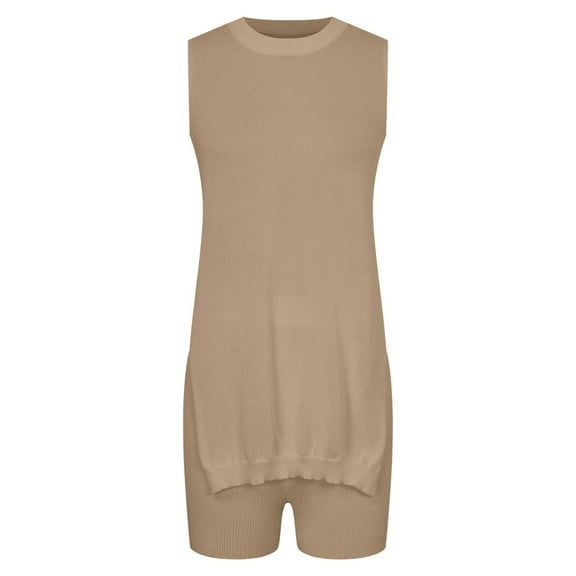 Women Summer Sleeveless Sweater Set Polyester Knit Tunic Tops and Shorts 2 Piece Outfits for Casual Daily Wear