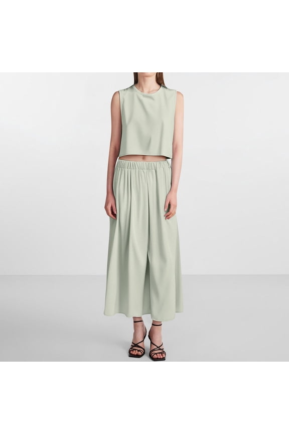 Women Summer Sleeveless Tank O Neck Top Short Button Top Wide Leg Pants Pocket Two Piece Suit Elegant Jumpsuits for Women Evening Party Romper for Bride Pantsuit for Women Party Wedding Interview